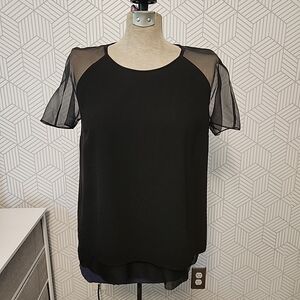Burberry Black Silk Short Sleeve Blouse Top Shirt Women's Size 8 Sheer Shoulder
